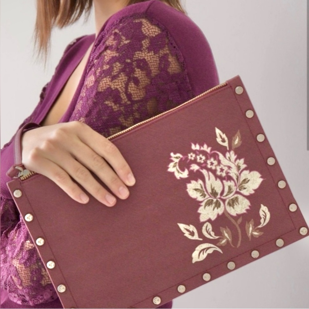 NWT White House Black Market Maroon Port Wine Floral Studded Clutch Bag Wristlet